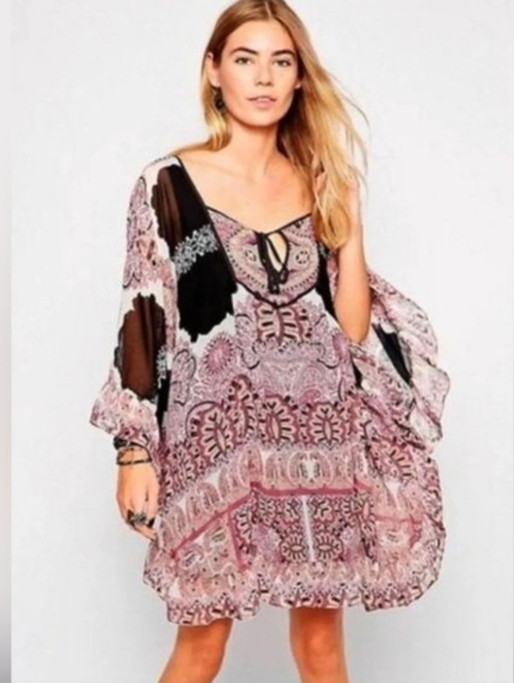 Free People Pink Black Paisley Boho Tunic Dress